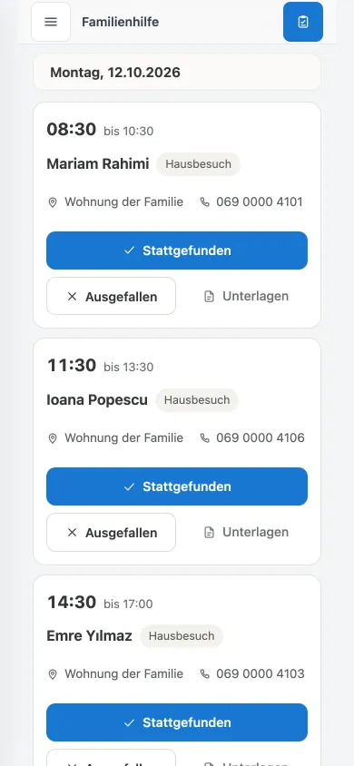 Der Tag im Browser am Handy: die Termine mit Ort und Telefon, Stattgefunden oder Ausgefallen mit einem Tipp.
