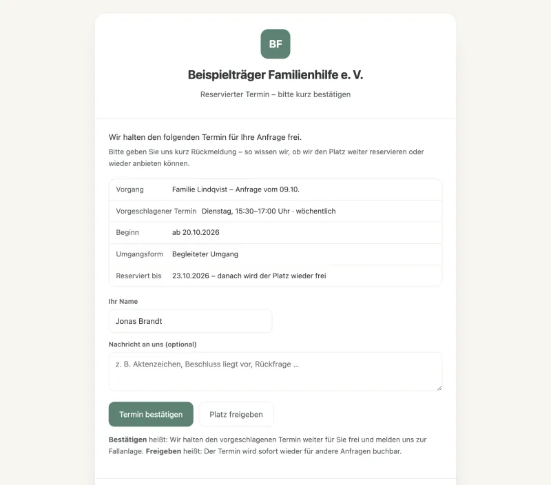 Das Jugendamt bestätigt eine Vormerkung per Link, ohne Konto, mit Frist.