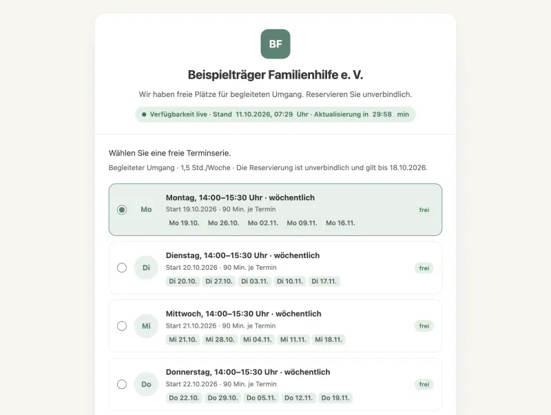 Freie Plätze fürs Jugendamt: Terminserien im Begleiteten Umgang, live aus dem Kalender, unverbindlich reservierbar. Freie Serie wählen.