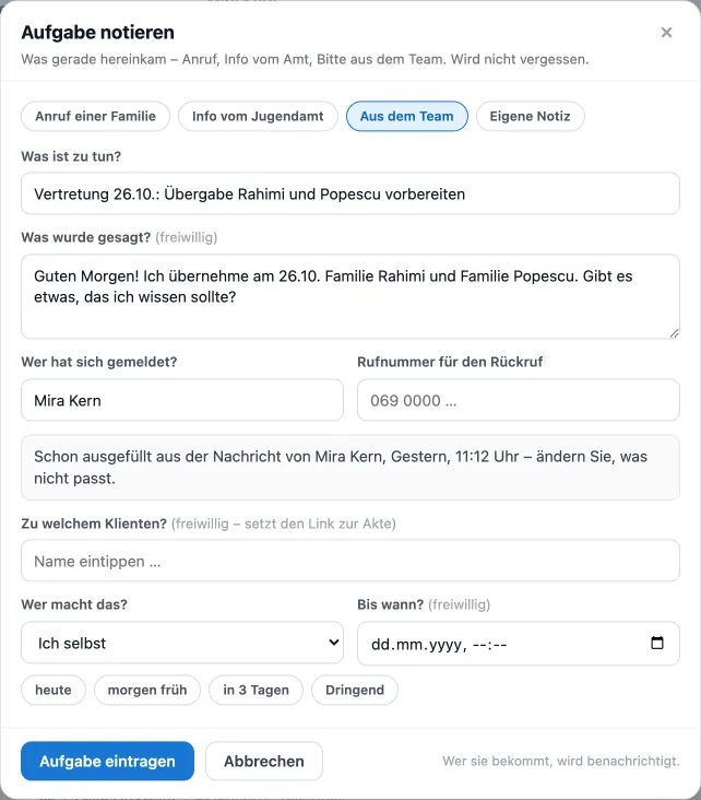 Aus einer Chat-Nachricht wird mit einem Klick eine Aufgabe, schon ausgefüllt.