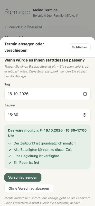 Das Familienportal am Handy: Termin absagen und gleich einen anderen Zeitpunkt vorschlagen.